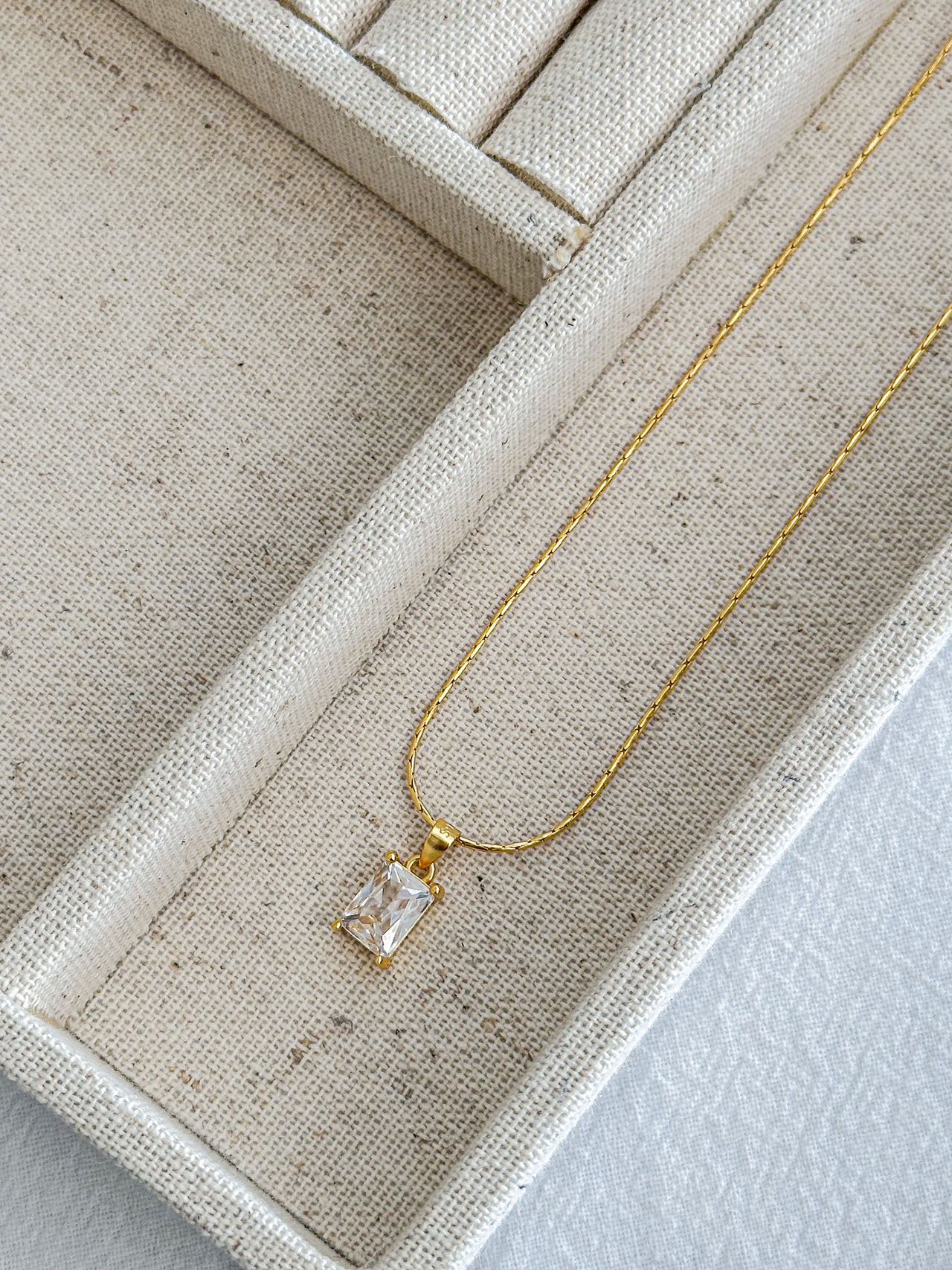 S925 Clear Rectangle Gem Gold Necklace