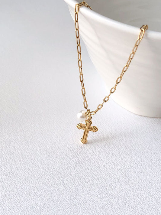 Gold Pearl Cross Anklet